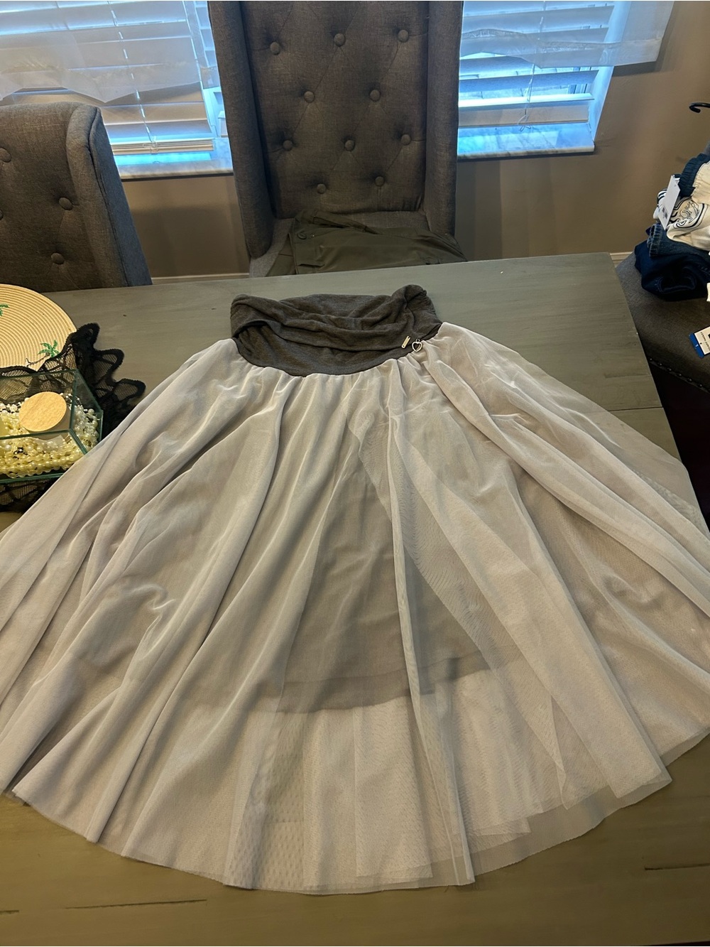 Light Gray Tulle Midi Skirt with Charcoal Waistband